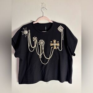 Balmain Black Crop Top with Pearl and Gold Embellishments, Size XXL
